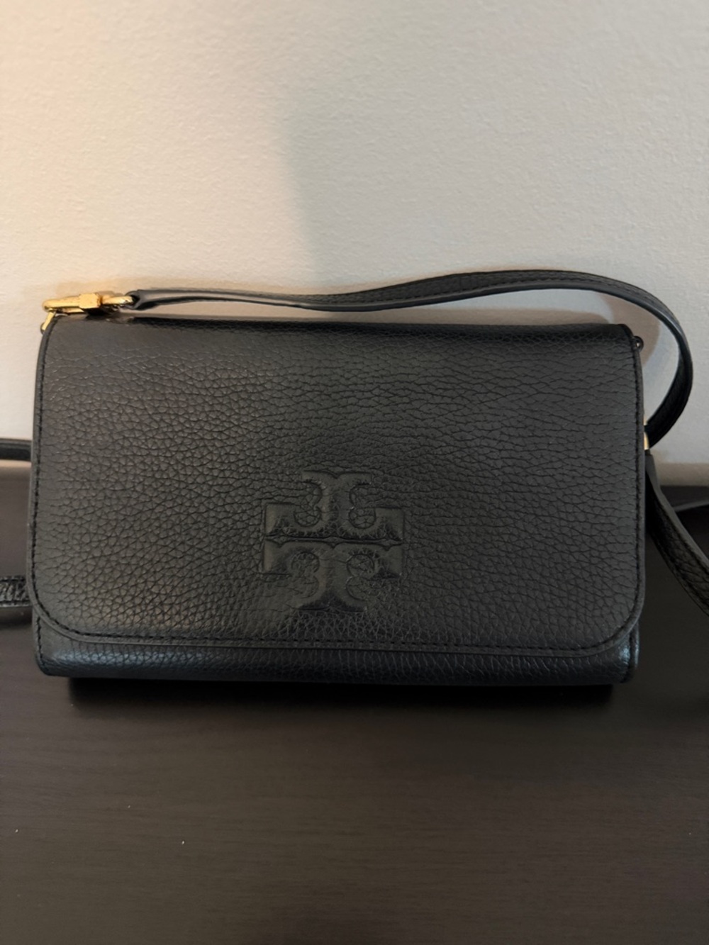 Tory Burch Black Pebbled Leather Crossbody with Gold Hardware